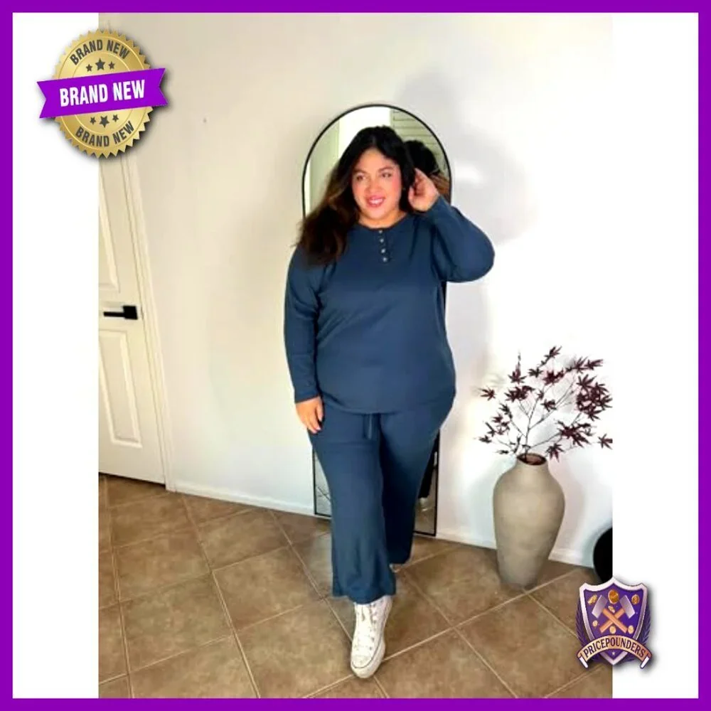 Plus Size Waffle Sweatsuit Set Long Sleeve Top Wide Leg Pants
